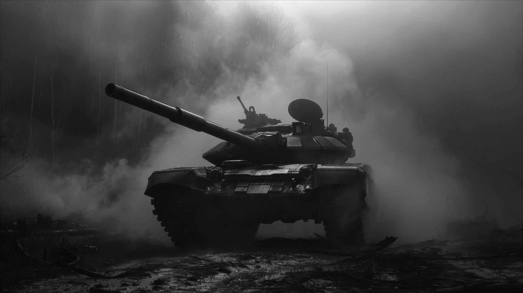 Schwarzweißes Kampfpanzer-Szenario mit Rauch und Staub; Fokus auf Elektronik und embedded hardware im Militärkontext.