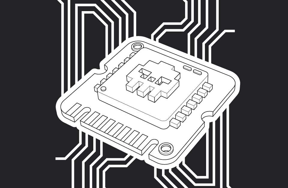 Symbolbild: Chip auf Leiterplatte, Elektronik und embedded hardware, abstrakte Schaltkreise.