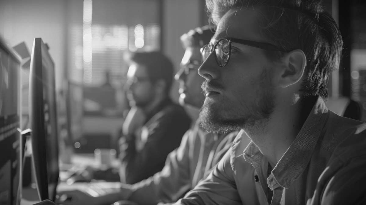 Embedded Systems outsourcen? Entwicklerteam vor Monitoren in einem Büro, Fokus auf elektronik und embedded software