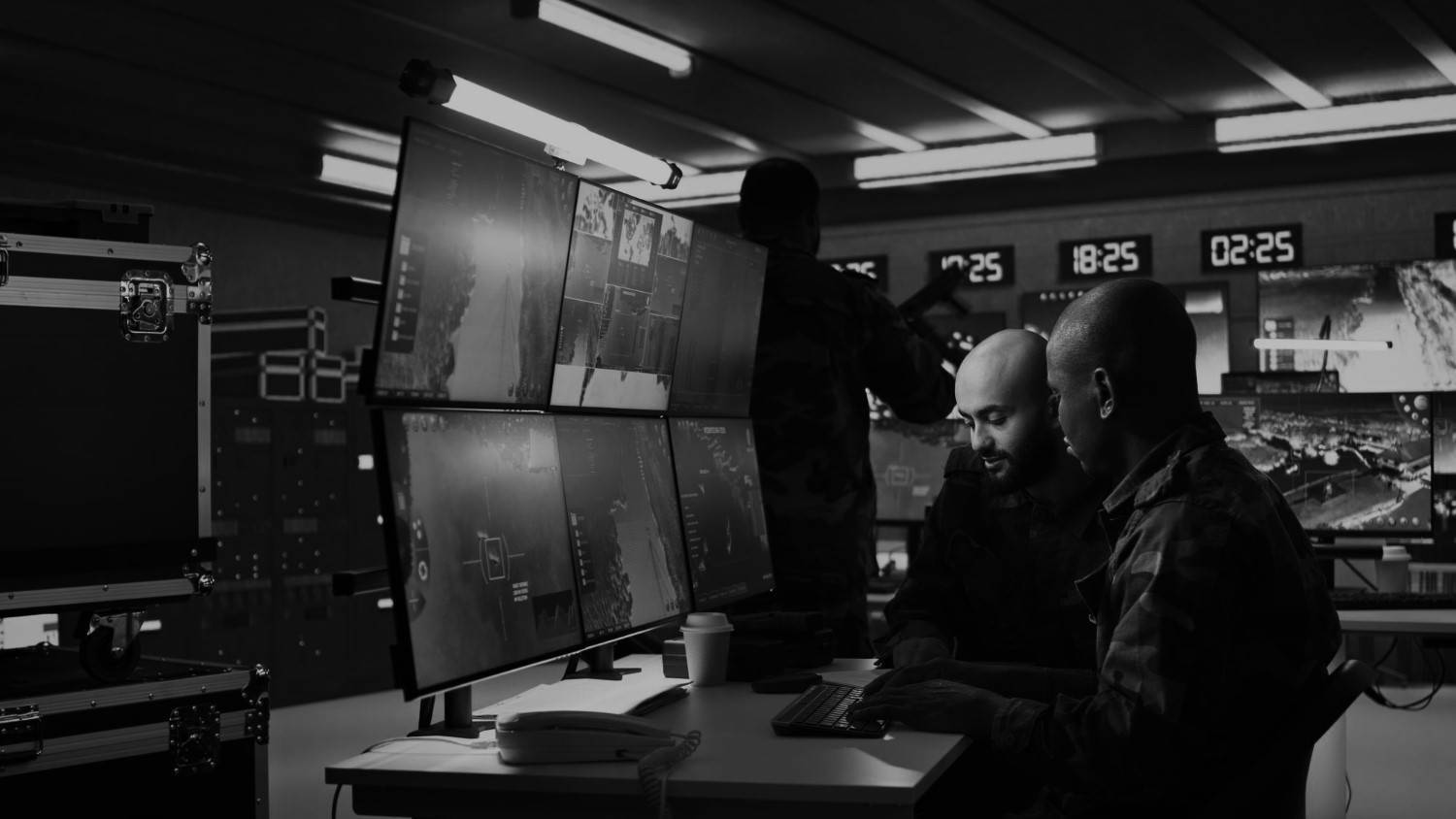 Kontrollraum mit mehreren Monitoren; Team arbeitet an Terminals, Fokus auf embedded software und cyber security.