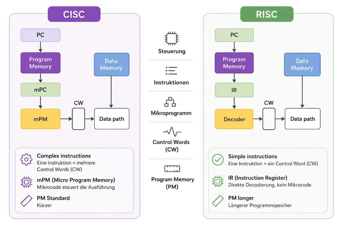 Vergleich CISC vs RISC in elektronik-Architektur – Program Memory, Data Path, Decoder; embedded software.