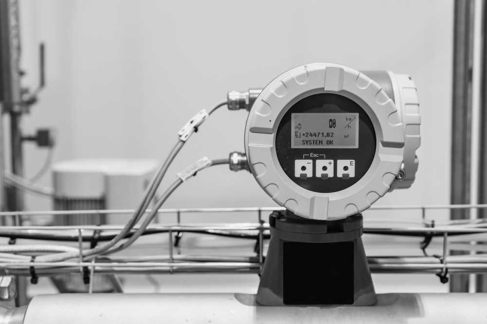 Industrie-Sensor mit Runddisplay und Kabelverbindungen; Teil von embedded hardware in der Elektronik.