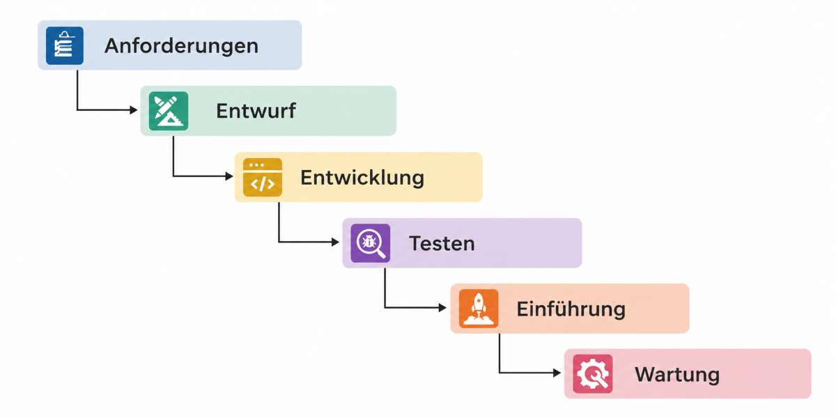 Flowchart des Wasserfallmodells: Anforderungen, Entwurf, Entwicklung, Testen, Einführung, Wartung – embedded software