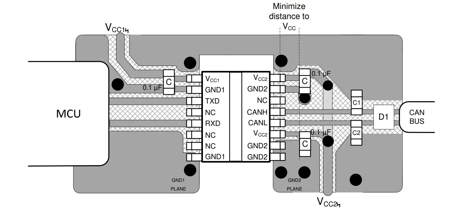 Schaltplan eines CAN-Transceivers mit Layout-Vorgaben