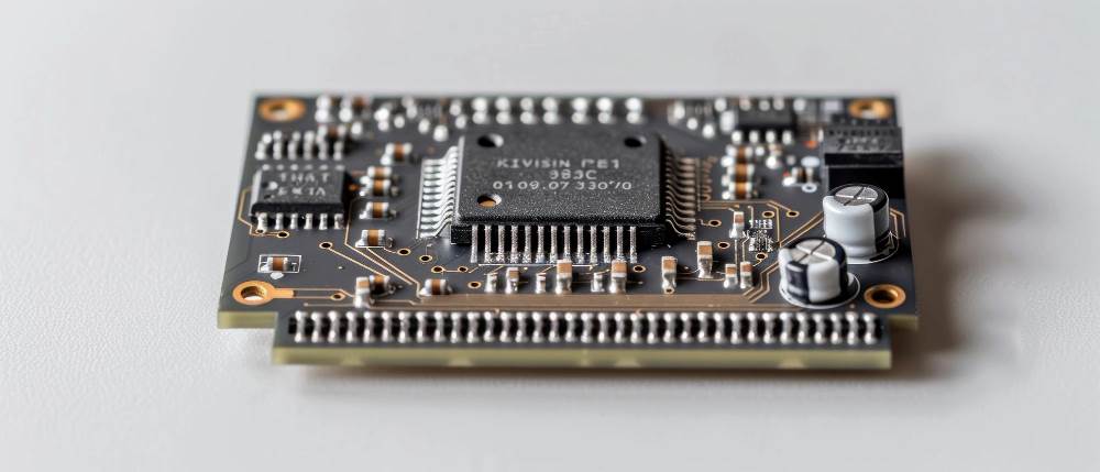 Kompakte Elektronik Platine mit Mikrocontroller, Bauteilen und Kondensatoren, embedded hardware, elektronik