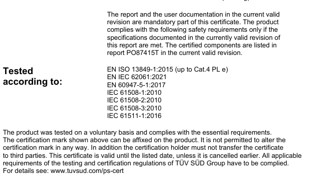 Zertifikatsseite mit Normenliste (EN ISO 13849-1, IEC 62061) für elektronik und funktionale sicherheit.
